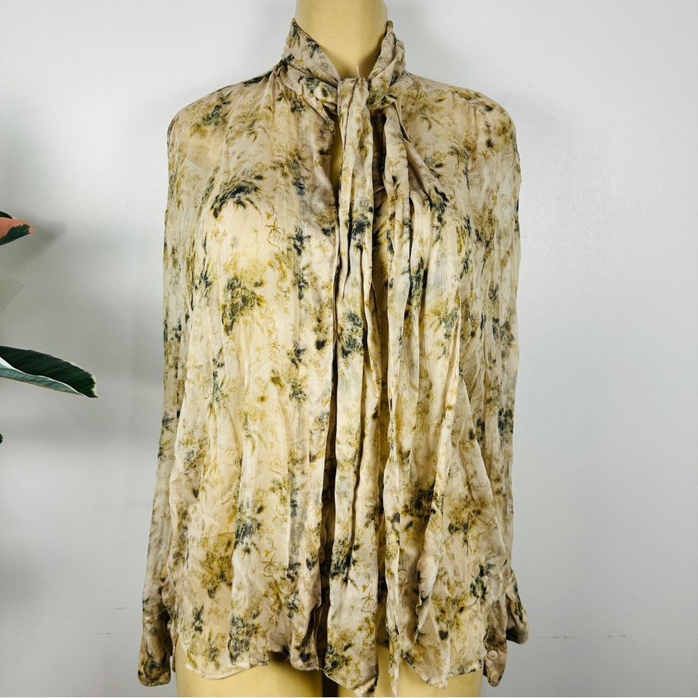 Zara Cream and Olive Watercolor Tie-Neck Blouse